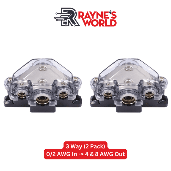 Rayne's World Gray 3 Way Power Distribution Block 0-4 AWG in 4-10 AWG Out for Wiring in Cars, Boats, RVs | For use with Ground or Power wires - 2 Pack