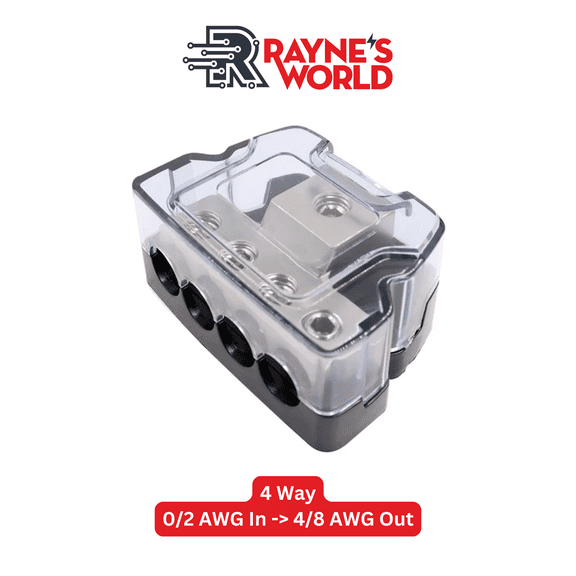Rayne's World Gray 4 Way Power Distribution Block 0-4 AWG in 4-8 AWG Out for Wiring in Cars, Boats, Campers | For use with Ground or Power wires