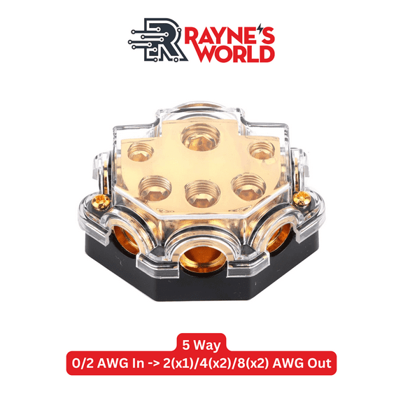 Rayne's World Gray 5 Way Power Distribution Block 0-4 AWG in 2-10 AWG Out for Wiring in Cars, Boats, Campers | For use with Ground or Power wires