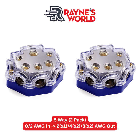 Rayne's World Gray 5 Way Power Distribution Block 0-4 AWG in 2-10 AWG Out for Wiring in Cars, Boats, RVs | For use with Ground or Power wires - 2 Pack