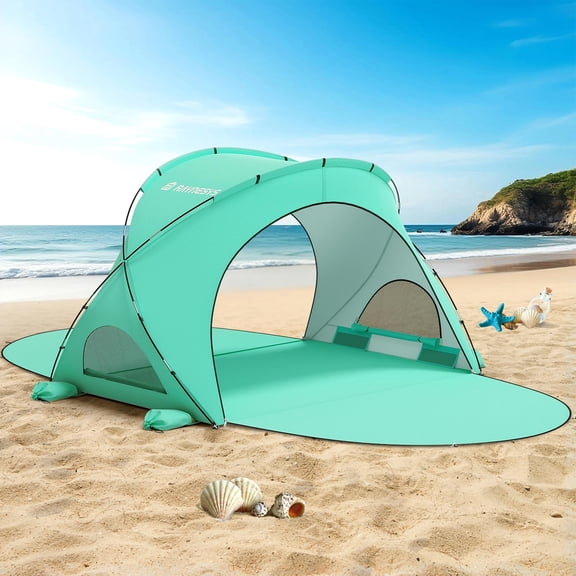 Raynesys Beach Tent Sun Shelter,Beach Shade Tent with UPF50+ UV Protectio for 1-3 Person,Portable Beach Tent with 2 Zippered Doors for Camping Fishing,Green