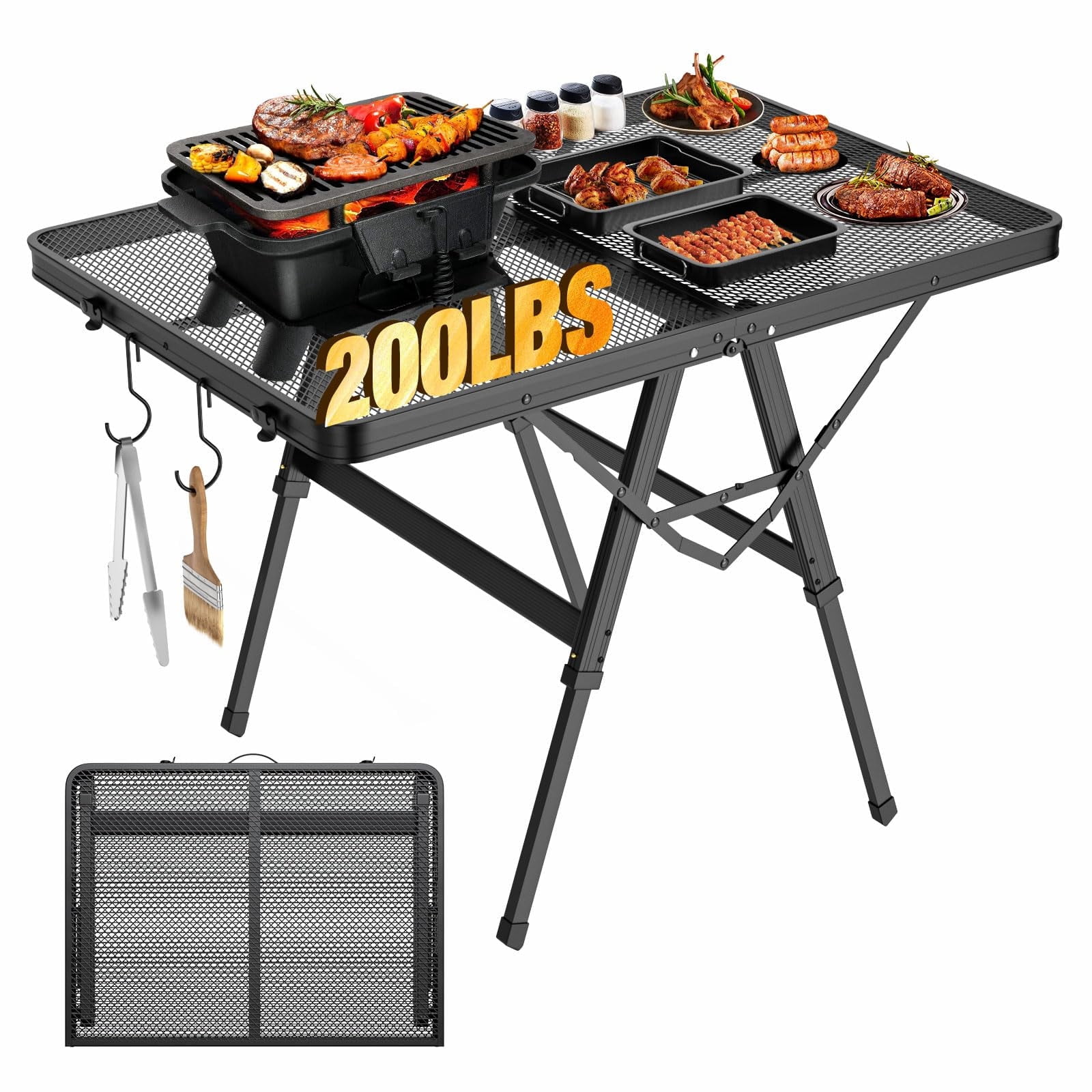 Raynesys Foldable Grill Table with Mesh Desktop,200lbs 3Ft Height Adjustable Portable Camping Table for Ourdoor Picnic BBQ Beach,Black