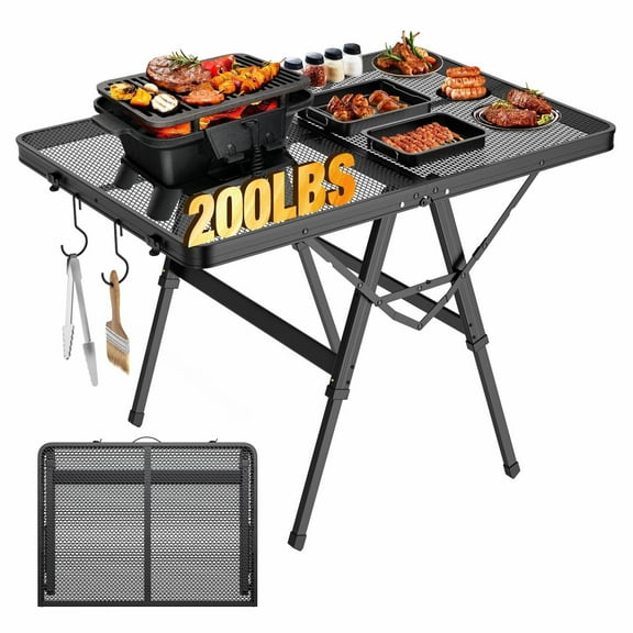 Raynesys Foldable Camping Table with Mesh Desktop,Height Adjustable 200lbs 3Ft Portable Grill Table for Ourdoor Camping Picnic BBQ Beach, Black