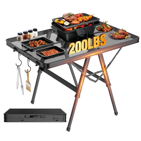 Raynesys Foldable Grill Table with Mesh Desktop,200lbs 3Ft Height Adjustable Portable Camping Table for Ourdoor Picnic BBQ Beach,Black