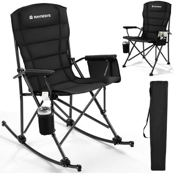 Raynesys Rocking Camping Chair Supports 440 LBS,Outdoor Rocking Chair with Cup Holder & Side Pocket for Patio Lawn,Black