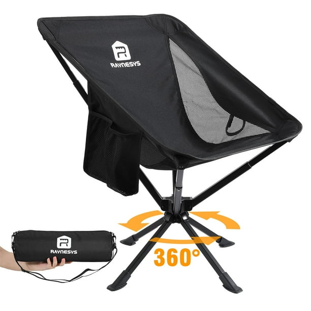 Raynesys 360 Swivel Portable Camping Chair 340LBS 8 Seconds Quick Setup Adult Folding Backpacking Chair for Picnic Hiking Fishing Travel Beach Black