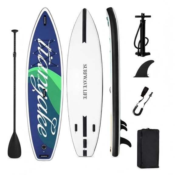Rayocon 11ft Inflatable Paddle Board, Stand Up SUP Board for Adults & Beginners, Wide Paddleboard with Premium Accessories, Blue Green