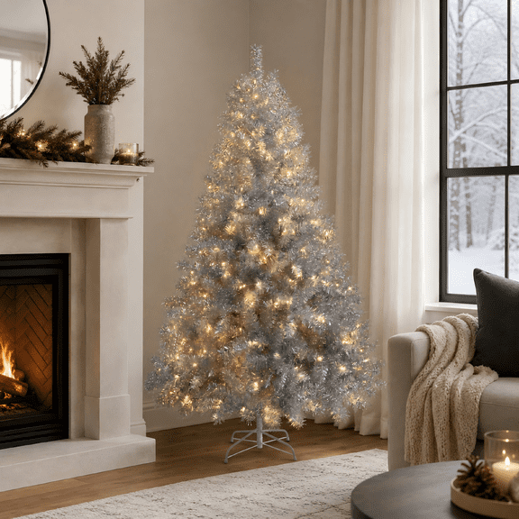 Rayocon 6ft Silver Pre-Lit Artificial Christmas Tree with 300 LED Lights, 11 Light Modes, 800 Branch Tips, Hinged Design, Metal Stand