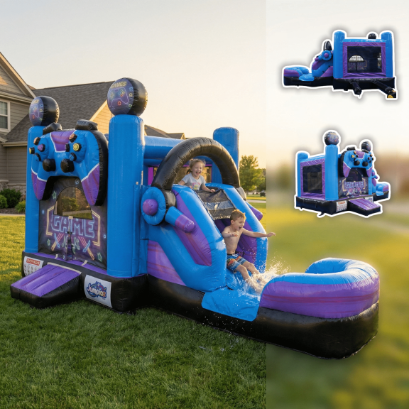 Rayocon Bounce House Water Slide Combo, Game Zone Arcade Dry&Wet Inflatable Kids Bouncer with Pool, Basketball Hoop, Blower Included, 18 x 12 x 13 ft