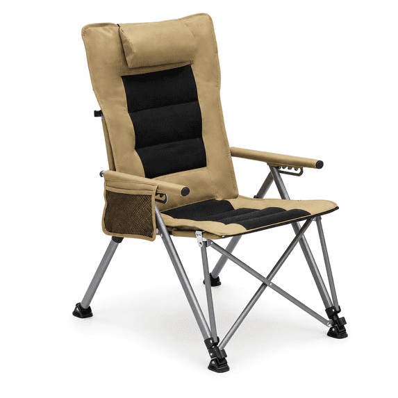 Rayocon Camping Chair 5-Position Reclining High Back, Heavy Duty Portable Folding Chair with Side Pocket and Carry Bag for Beach Patio, Khaki