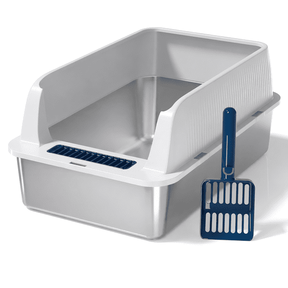 Rayocon Cat Litter Box Stainless Steel XL, Open Top with High Sides Lid for Big Cats, Light Gray