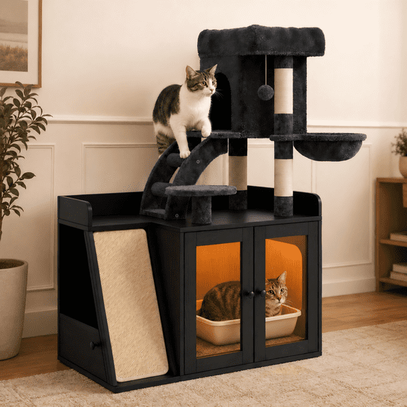 Rayocon Cat Tree with Litter Box Enclosure, Hidden Cat Litter Box Furniture with LED Light, Sisal Scratching Board, Storage Cabinet, Black