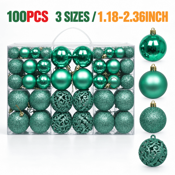 Rayocon Christmas Ball Ornaments Green Shatterproof 100-Piece, 3 Sizes Hanging Christmas Set for Holiday Party Decoration
