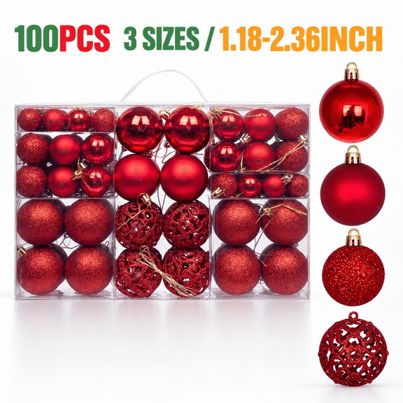 Rayocon Christmas Ornaments Set for Xmas Tree, 100-Piece Red Shatterproof Christmas Tree Ornaments, 3 Sizes Hanging Set for Holiday Party Decoration