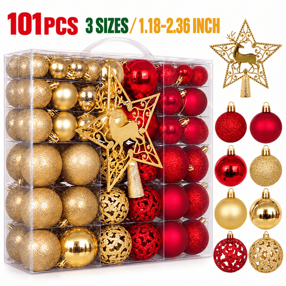 RAYOCON 101PCS Christmas Tree Ball Ornaments, 3-Size Set Hanging Ball, Shatterproof Ornament Ball for Holiday Party Decoration, Red Gold