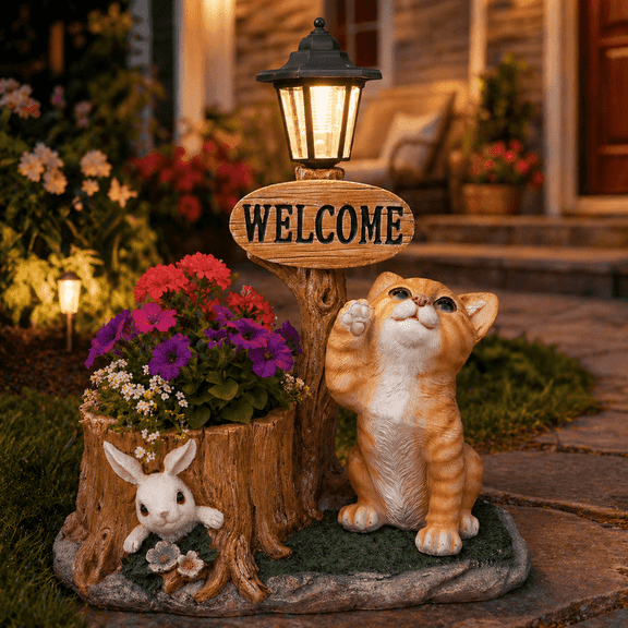 Rayocon Cat Garden Statue Planter, Solar Resin Summer Outdoor Decor with Welcome Sign for Porch Patio Yard