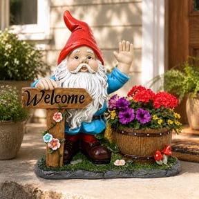 Rayocon Gnome Garden Statue Planter, Resin Summer Seasonal Outdoor Decor with Welcome Sign for Porch Patio Yard