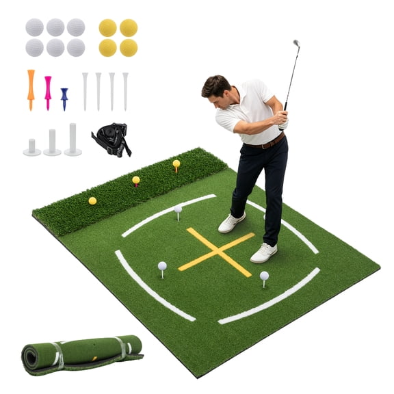 Rayocon Golf Hitting Mat 5' x 4' with Cross Stance Guide, Swing Turf Practice Mat with Tee Positions, Balls, Tees & Strap for Indoor Outdoor Training