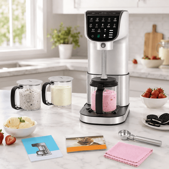 Rayocon Ice Cream Maker Machine, 12-in-1 Electric Frozen Dessert Maker with 3 Pints, Gelato, Sorbet & Milkshake, Silver