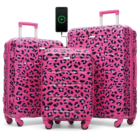 Rayocon Luggage Set 3 Piece Hardshell with USB Port, TSA Lock and Spinner Wheels, 20/24/28", Fuchsia Leopard
