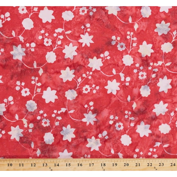 Rayon Batik Floral Cream Gray Flowers on Scarlet Flame Red 44" Wide Hand-Dyed Bali Batik Fabric by the Yard (P2952-67-FLAME)