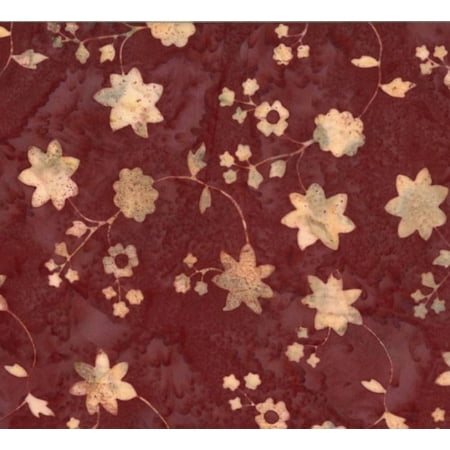Rayon Batik Floral Tan Orange Yellow Flowers on Brick Red Mulberry 44" Wide Hand-Dyed Bali Batik Fabric by the Yard (P2952-428-MULBERRY)