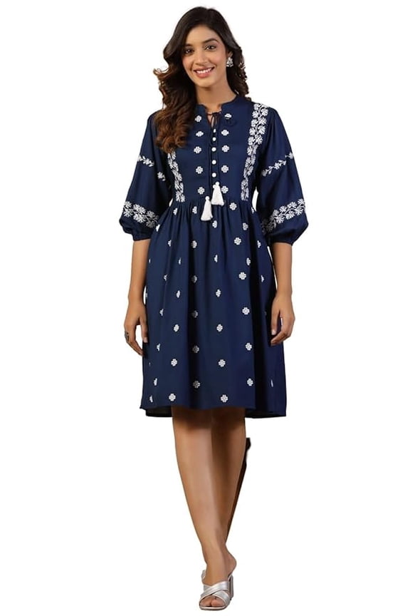 Rayon Blue Cross Stitched Embroidered Short Dress With Dori Tie Ups & Tassels