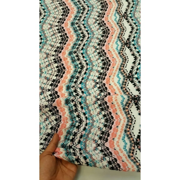 Rayon Challis Fabric By The Yard Blue Coral Chevron Geometric Pattern Dress