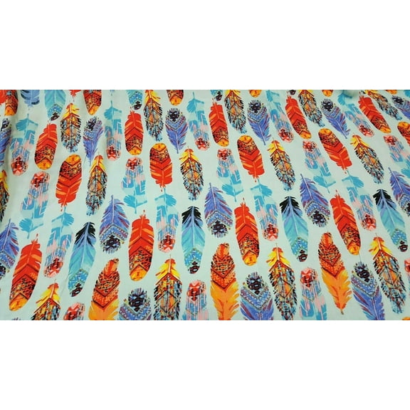 Rayon Challis Fabric By The Yard Feather Multicolor Blue Background Soft Flowy