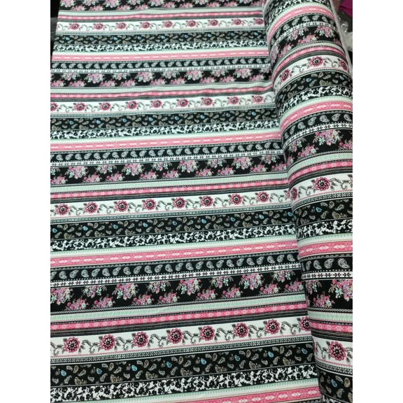 Rayon Challis Fabric By The Yard Multicolor Floral Flower Pink Black Paisley