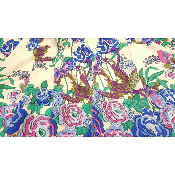 Rayon Challis Fabric By The Yard Pink Royal Blue Floral Butterflies Off White