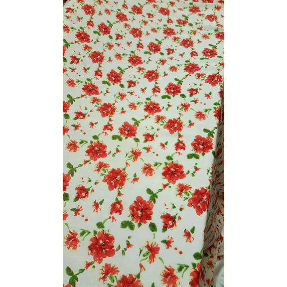 Rayon Challis Fabric By The Yard Red Green Floral Flowers White Background Soft
