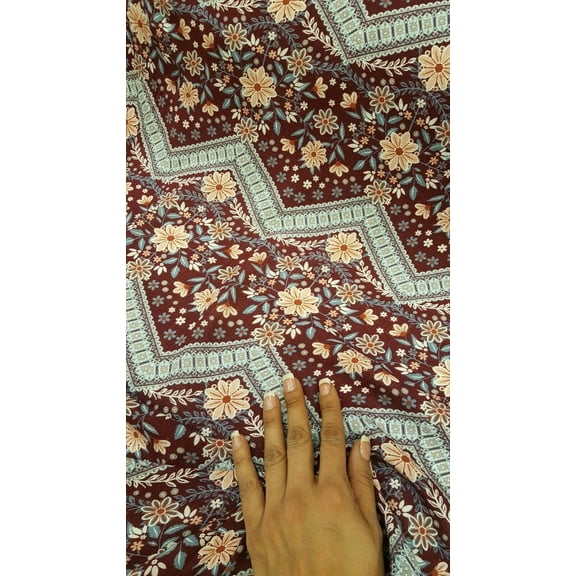 Rayon Challis Floral Flowers Burgundy Background Fabric By The Yard Gray Chevron