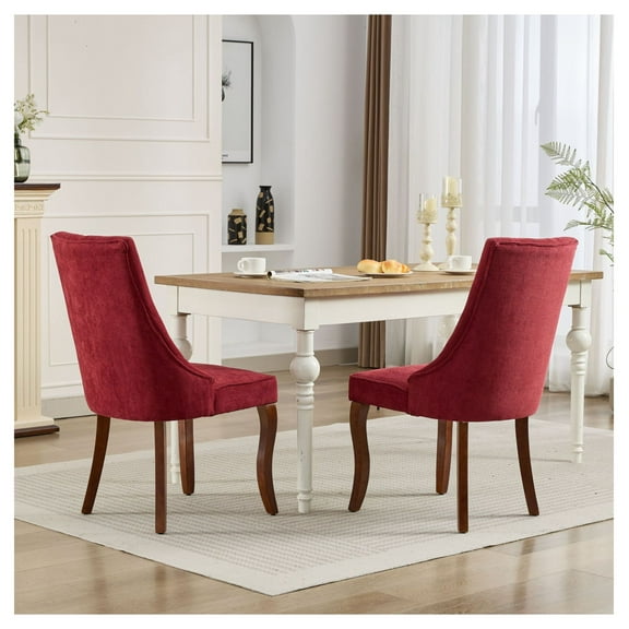 Rayon Cloth Flocking Linen Dining Chairs Comfy Fabric Upholstered Accent Chair for Dining Room with Curved Solid Wood Legs,Set of 2