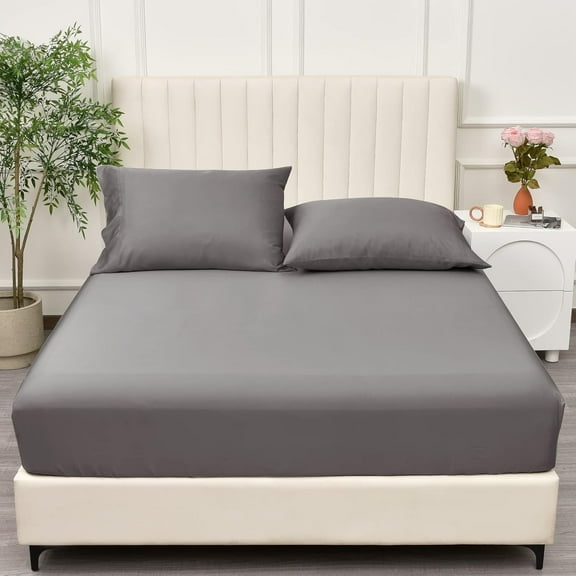 Rayon Derived from Bamboo Fitted Sheet, Deep Pocket Strong Elastic Easy Fit, Breathable Silky Soft Skin-Friendly, Grey