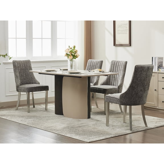 Rayon Fabric Flocked Chenille Dining Chair, Aisle Kitchen Dining Chair, Comfortable Fabric Upholstered Dining Chair for Dining Room with Silver Brushed Stainless Steel Legs 2-Piece Set (Gray)