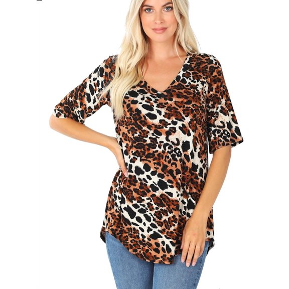 Rayon Leopard Print Short Sleeve V-Neck Hi-Lo Hem Top