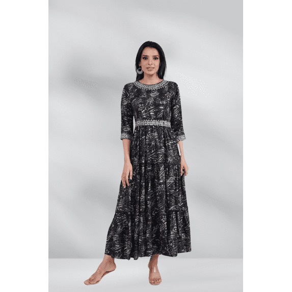 Rayon Pasley Printed Neck Embroidered Ethnic Dress