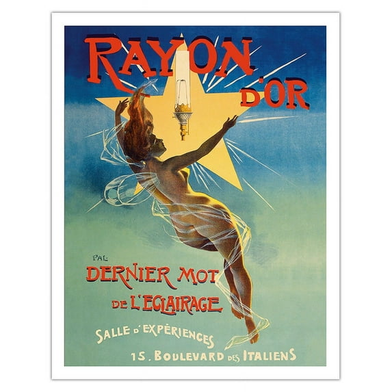 Rayon d'or Gaslight Fixtures - The Last Word in Lighting - Winged Goddess - Vintage Advertising Poster by Jean de Paleologue c.1895 - Fine Art Matte Paper Print (Unframed) 11x14in