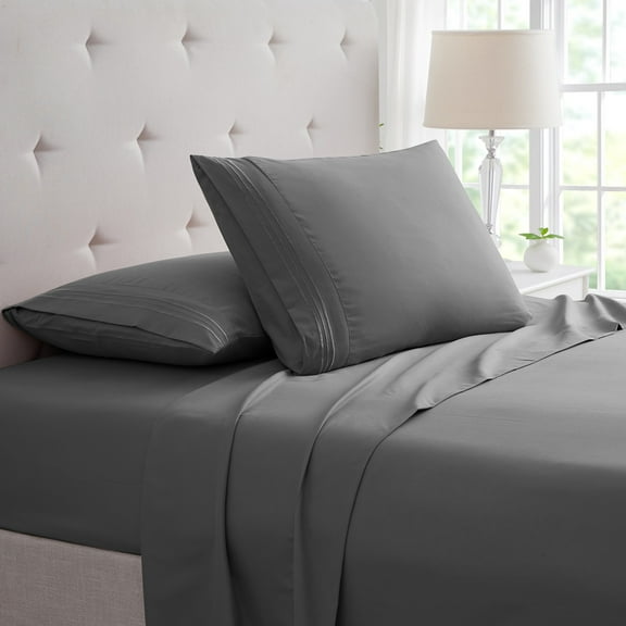 Rayon from Bamboo 4 Piece Luxury 3 Line Embroidered Sheet Set - 7 Colors - 3 Line - Grey - King