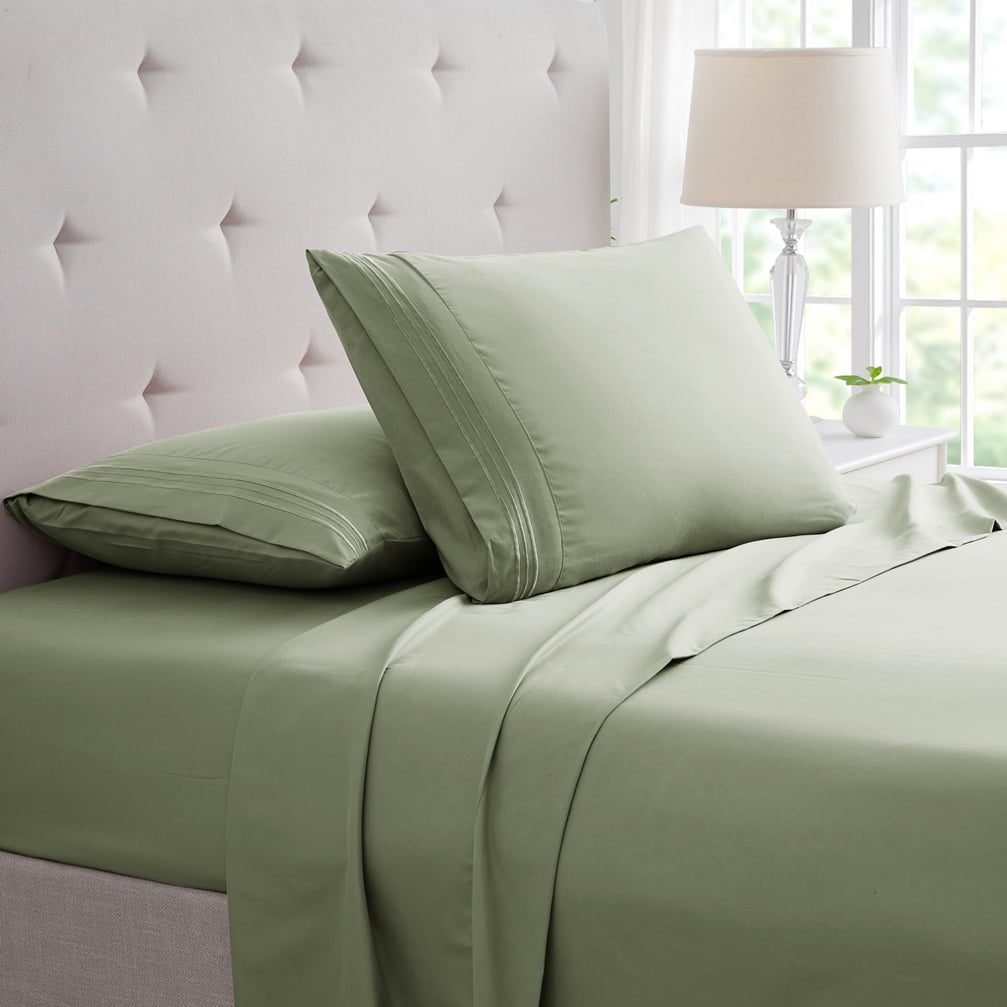 Rayon from Bamboo 4 Piece Luxury 3 Line Embroidered Sheet Set - 7 Colors - 3 Line - Sage - Queen