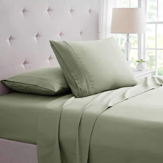 Rayon from Bamboo 4 Piece Luxury 3 Line Embroidered Sheet Set - 7 Colors - 3 Line - Sage - Queen