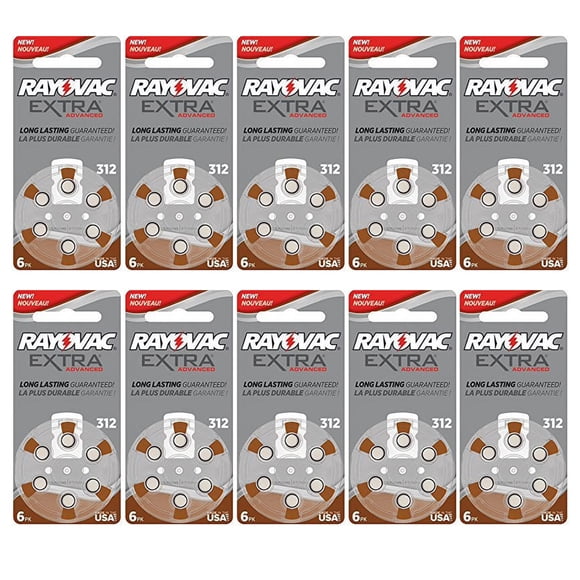 Rayovac Extra Size 312, 60 Hearing Aid Batteries, Made in the USA w/ Battery Holder