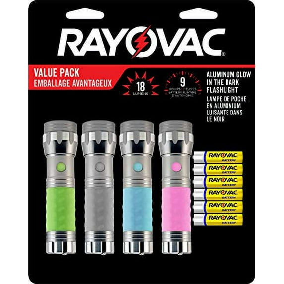 Rayovac Mini LED Flashlight 4 Pack with Glow in the Dark Rubber Grip, Metal Tactical Flash Light Set with Batteries Included - Perfect for Parties, Gifts, Power Outages, Emergency Situations (4 P