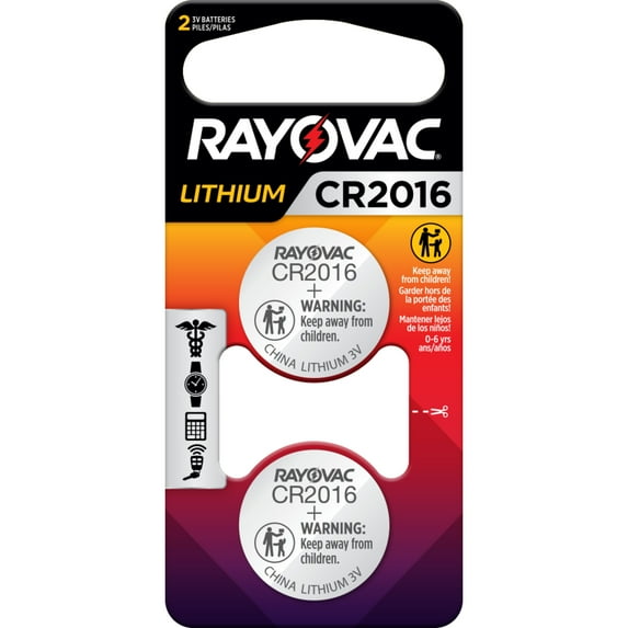 Rayovac CR2016 Coin Batteries (2 Pack), 2016 3V Lithium Button Batteries, Long Lasting Power for Watches, Key Fobs, Medical Devices and more