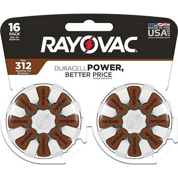 Rayovac Size 312 Hearing Aid Batteries, 16 Ea..