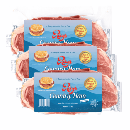 Rays Country Ham, 2.25 lbs Center Slices. 3 Pack – Blue Ridge Mountain Cured, Vacuum-Sealed, Dry-Cured, Shelf-Stable.