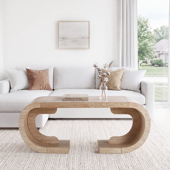Rayshen Handcrafted C-Shaped Burl Wood Coffee Table, 47.24" W Modern Curved Center Table with Natural Wood Finish, Sturdy MDF Cocktail Table for Living Room