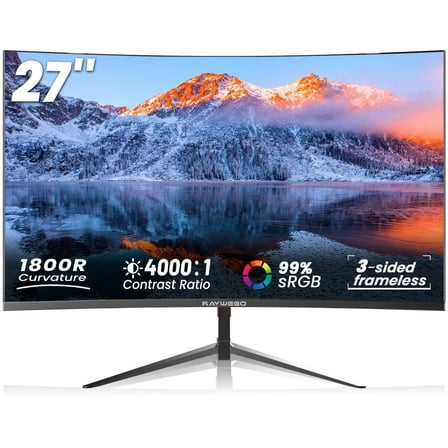 Raywego 27 inch FHD 1080P Curved Computer Monitor, 100Hz Frameless Gaming Monitor 1ms 1800R FreeSync DP&HDMI Port