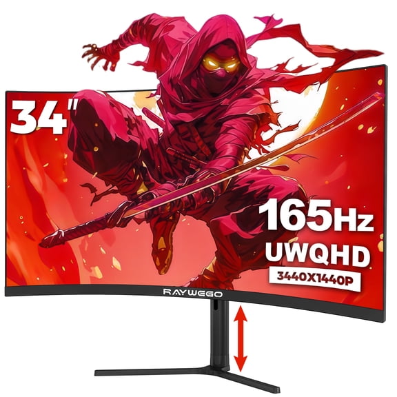 Raywego 34 Inch Curved Gaming Monitor, WQHD 3440 x 1440p, 165Hz 1ms, 21:9 Ultrawide, 127% sRGB, Ergonomic Height Adjustable Stand, PIP/PBP, RGB Backlight, Black